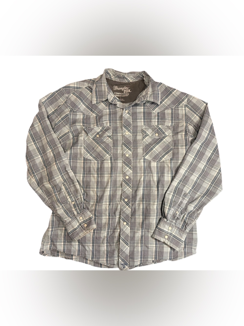 Men’s Large Wrangler Plaid Blue And Grey Pearl Snap Long Sleeve